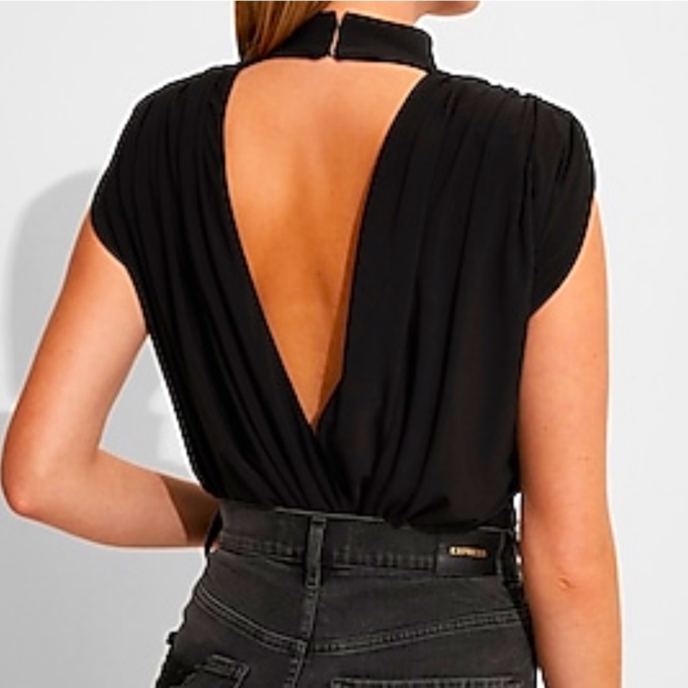 Express, Black, Draped Mock Neck, Open Back, Thong Bodysuit, XSmall